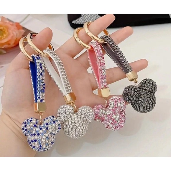 Mickey Shape Rhinestone keychain/pendant & fur ball SILVER/BLACK/PURPLE - Picture 5 of 5